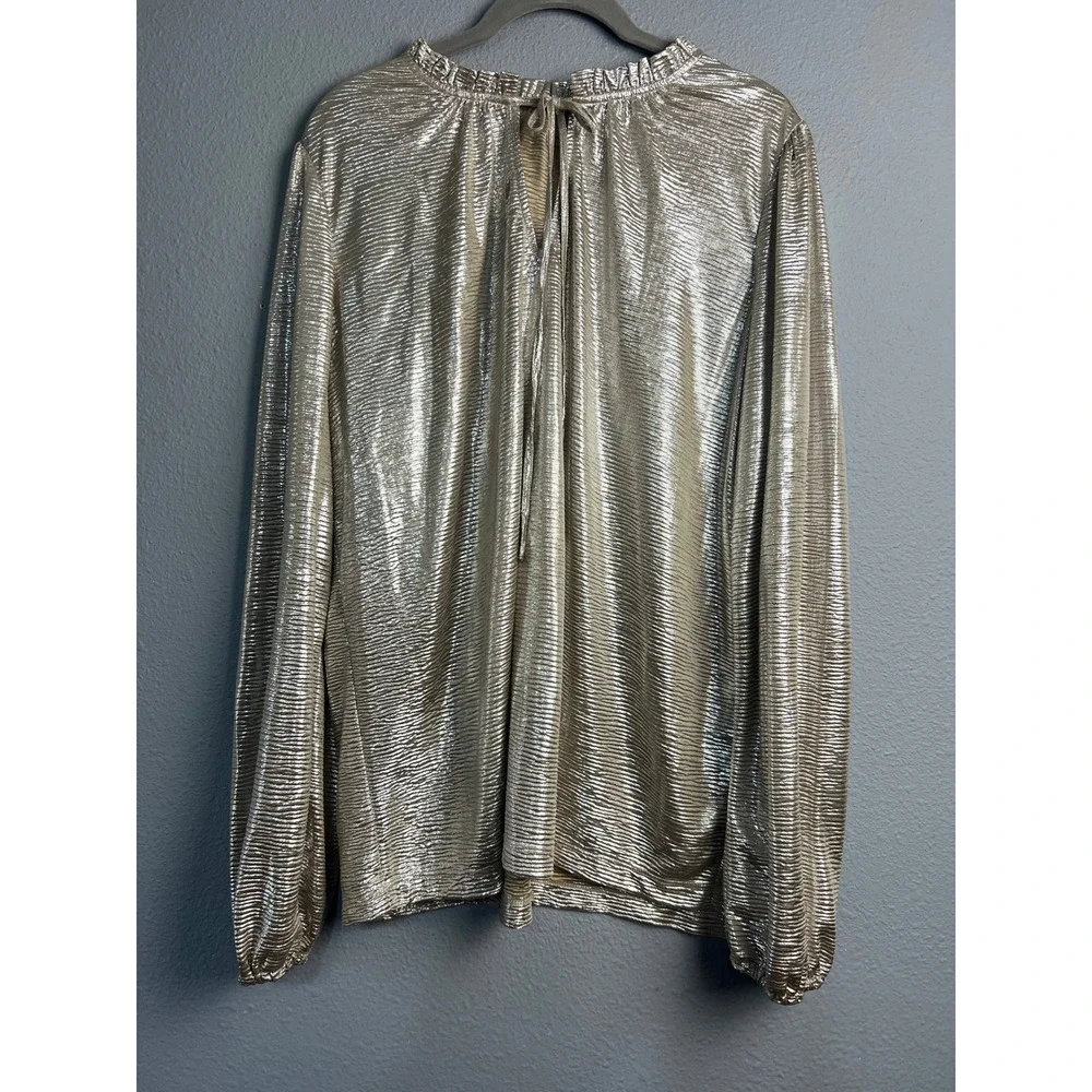 Loft Womens Lg Gold Disco Metallic Plisse Ruffle Neck Long‎ Sleeve Blouse Top
